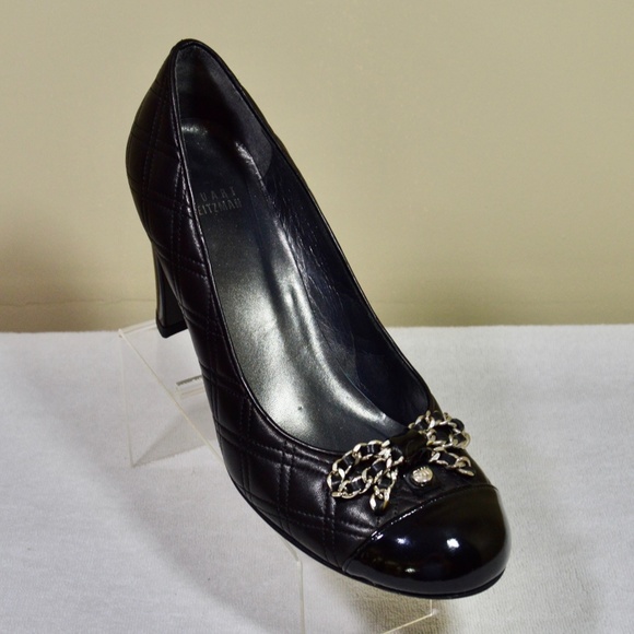 NWOT Stuart Weitzman Black Round Toe Chain Bow Pumps - Picture 3 of 11